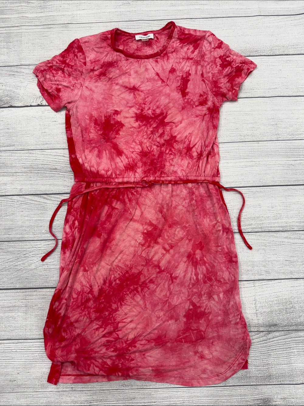 Calvin Klein Pink Tie Dye T-Shirt Dress Cinch Waist Size 6